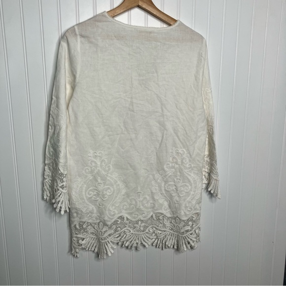 etcetera blouse Size 4 White Sheer Lace Trim Linen Blend Top Breathable - Picture 7 of 9